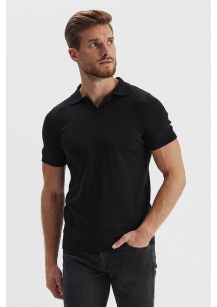 Erkek Uzun Polo Yaka Kısa Kollu Siyah Düz Triko Kazak indirimleri