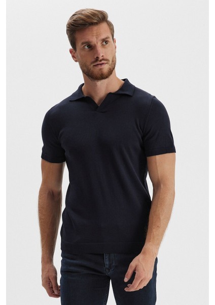 Erkek Uzun Polo Yaka Kısa Kollu Siyah Düz Triko Kazak