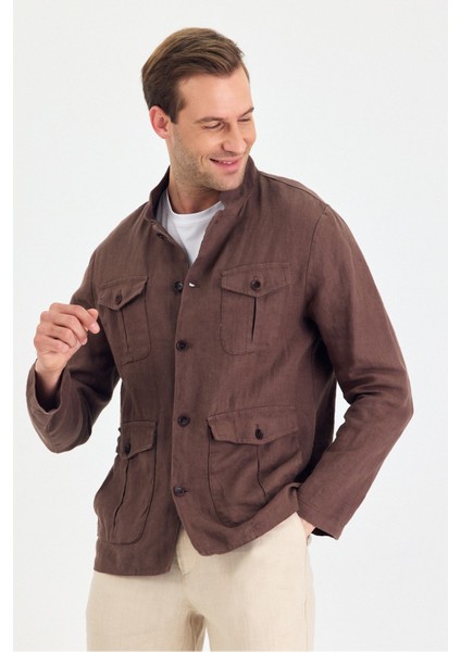 Erkek Kahverengi %100 Keten Kaşındırmaz Yazlık Çok Cepli Ceket