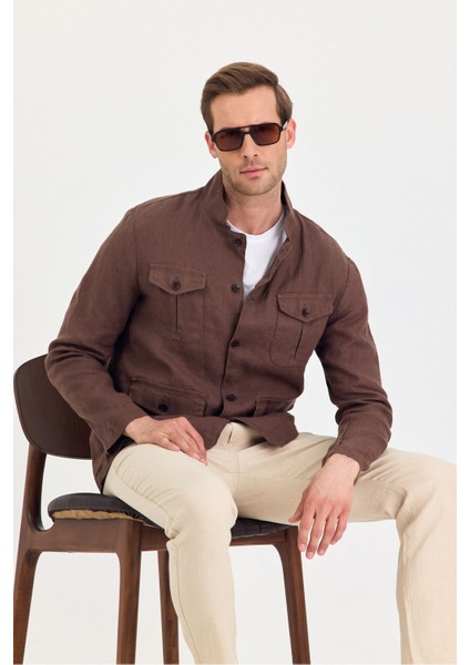 Erkek Kahverengi %100 Keten Kaşındırmaz Yazlık Çok Cepli Ceket indirimleri