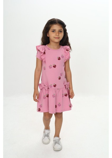 Kız Çocuk Fiyonklu Kalp Baskılı Elbise
