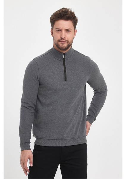 Erkek Uzun Kışlık Dik Yaka Fermuarlı Siyah Sweatshirt