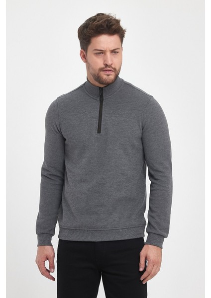 Erkek Uzun Kışlık Dik Yaka Fermuarlı Siyah Sweatshirt fırsatları