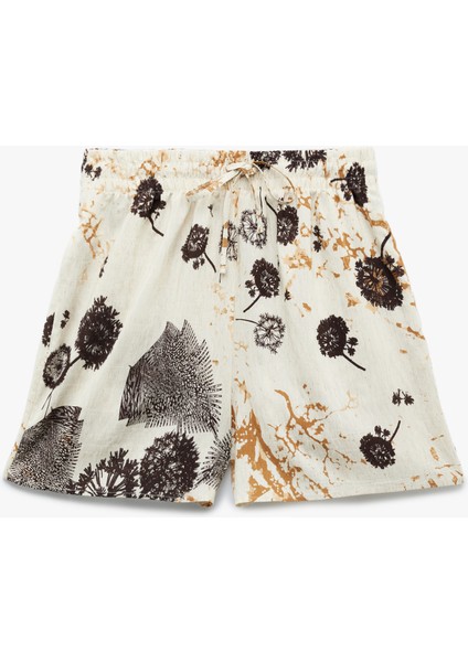 Keten Karışımlı Cepli Desenli Çiçekli Kısa Şort