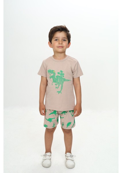 Erkek Çocuk Kabaran Dinazor Baskılı Şortlu Takım