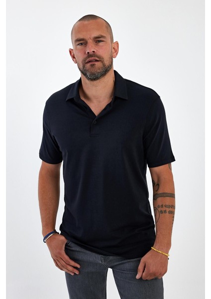 Erkek Basic Polo Yaka Düz Comfort Uzun Siyah Tişört