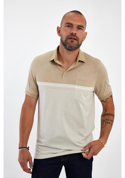 Erkek Comfort Basic Polo Yaka Cepli Uzun Bej Tişört