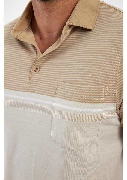 Erkek Comfort Basic Polo Yaka Cepli Uzun Bej Tişört modelleri