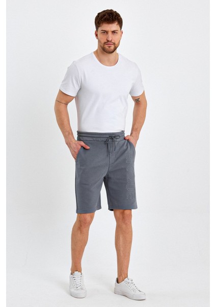 Erkek Lastikli Baskılı Cepli Klasik Kısa Siyah Şort