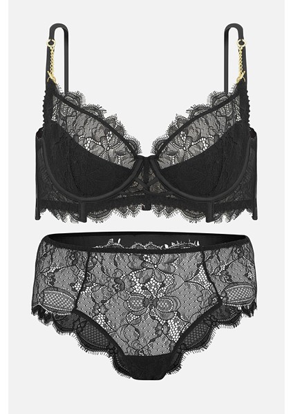 Dantelli Sütyen Külot Takım -Gold Zincir Detaylı-Yarı Sünger Destekli - 2733 - Siyah