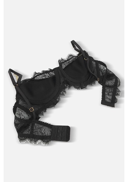 Dantelli Sütyen Külot Takım -Gold Zincir Detaylı-Yarı Sünger Destekli - 2733 - Siyah modelleri