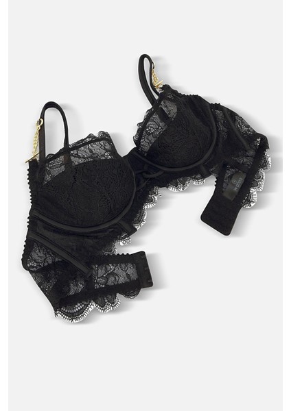 Dantelli Sütyen Külot Takım -Gold Zincir Detaylı-Yarı Sünger Destekli - 2733 - Siyah fırsatları