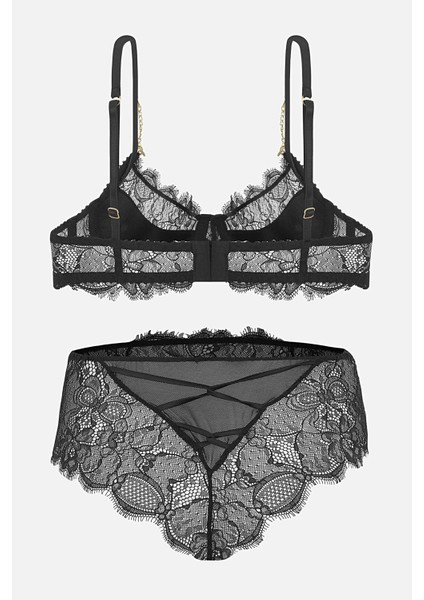 Dantelli Sütyen Külot Takım -Gold Zincir Detaylı-Yarı Sünger Destekli - 2733 - Siyah indirimleri
