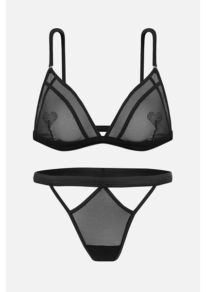 Siyah Kalp Taş Detaylı Kapsız Iç Çamaşırı Takım - 2731 - Siyah