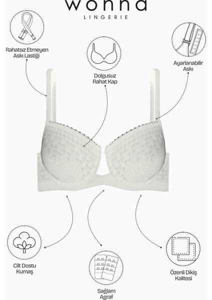 Çapraz Lastik Detaylı Dantelli Dekolte Sütyen Külot Takım - Dolgusuz - Fashion - 2511 - Ekru