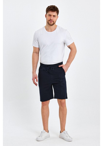 Erkek Lastikli Baskılı Cepli Klasik Kısa Siyah Şort