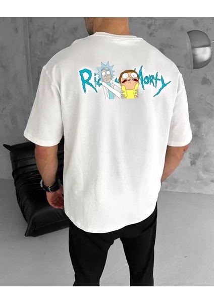 Unisex Bisiklet Yaka Baskılı Oversize T-Shirt - Beyaz