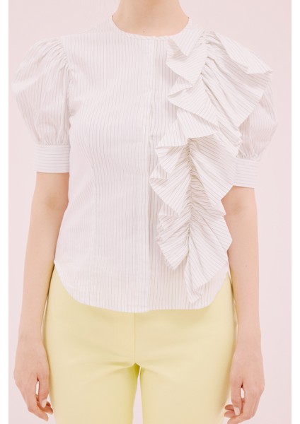 Volan Detaylı Bluz Beyaz-Siyah Y2113161_259