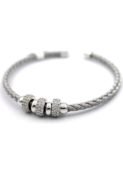 Taşlı Örgü Bilezik - Gümüş