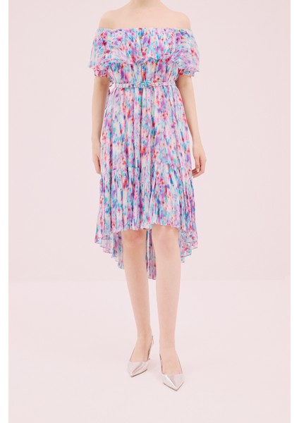 Kayık Yaka Beli Kemerli Midi Boy Elbise Standart Renk Y2111520_089