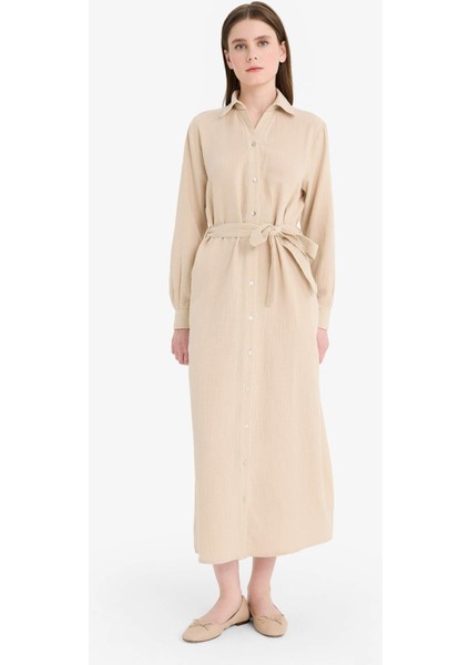 Gömlek Yaka Kuşaklı Müslin Uzun Kollu Maxi Elbise