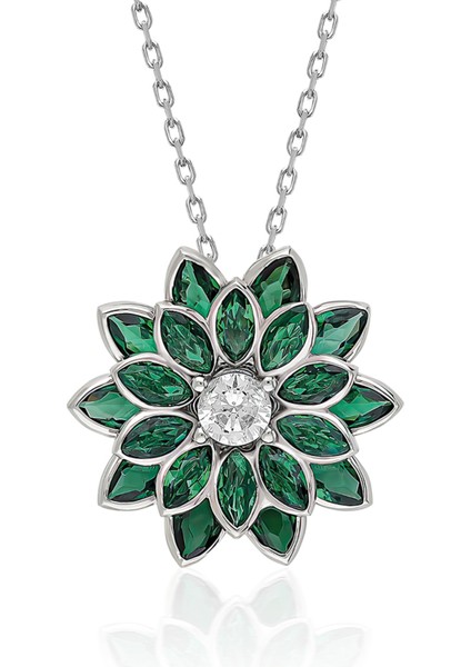 Swarovski Zirconia Cennet Çiçeği Zümrüt Kadın Kolye | 925K Gerçek Gümüş