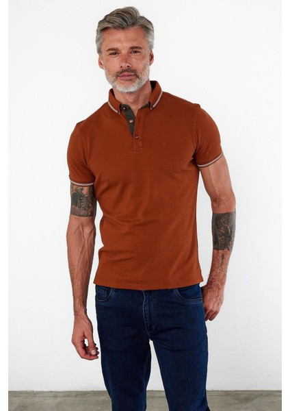 Erkek Dar Basic Polo Yaka Kısa Kol Düz Tarçın Tişört