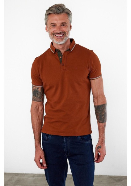 Erkek Dar Basic Polo Yaka Kısa Kol Düz Tarçın Tişört fırsatları