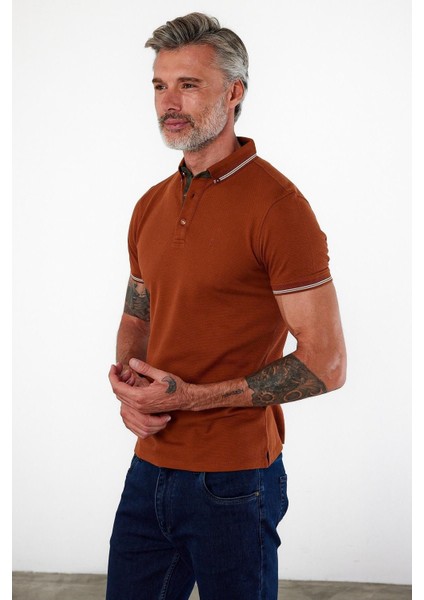 Erkek Dar Basic Polo Yaka Kısa Kol Düz Tarçın Tişört indirimleri
