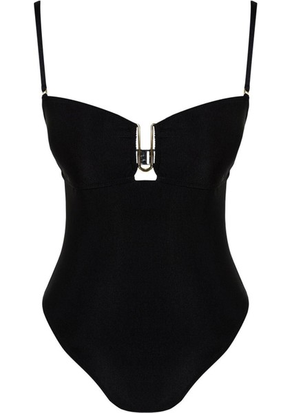 Kadın Moda Atma Kap Askılı Brief Yaka Siyah Straplez Aksesuarlı High Leg Regular Mayo