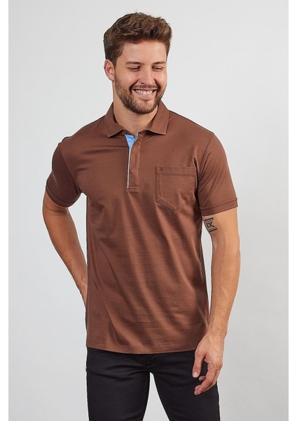 Erkek Basic Cepli Çıtçıtlı Dar Kahverengi Polo Yaka Tişört modelleri