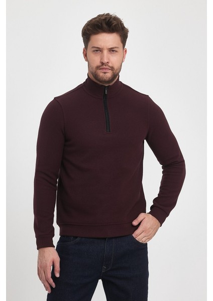 Erkek Uzun Kışlık Dik Yaka Fermuarlı Siyah Sweatshirt