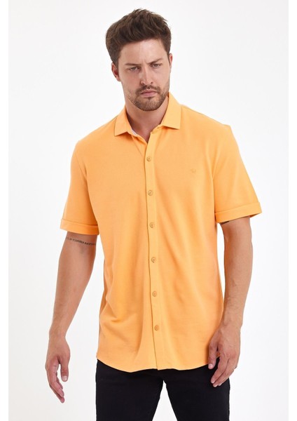 Erkek Polo Yaka Kısa Kollu Düğmeli Bol Bakır Gömlek