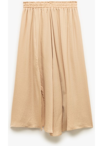 A Kesim Yırtmaç Detaylı Midi Boy Saten Kloş Etek