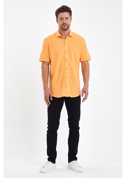 Erkek Polo Yaka Kısa Kollu Düğmeli Bol Bakır Gömlek modelleri