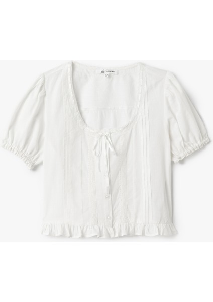 Balon Kol U Yaka Fiyonk Detaylı Fırfırlı Bluz