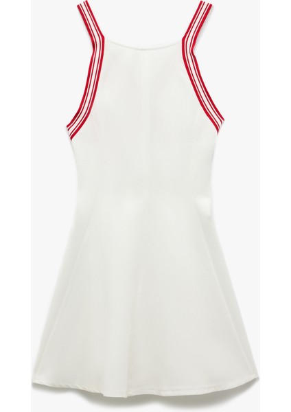 Viskon Keten Karışımlı Arkası Çapraz Askılı Şerit Detaylı Mini Elbise