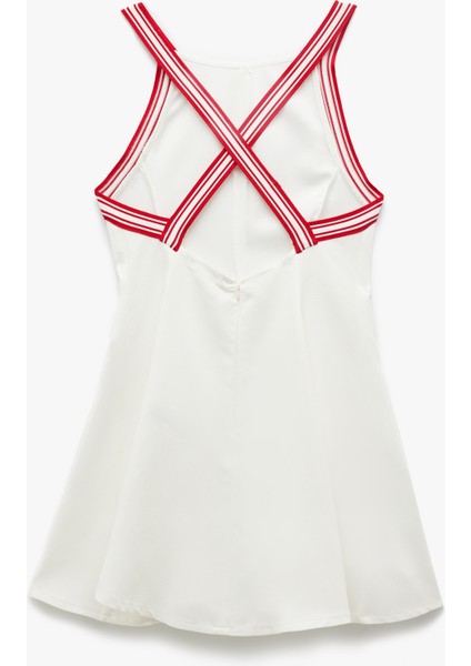 Viskon Keten Karışımlı Arkası Çapraz Askılı Şerit Detaylı Mini Elbise fiyatları