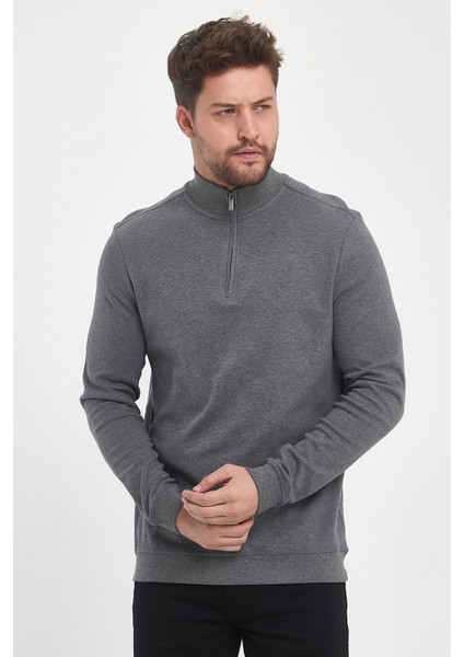 Erkek Kışlık Uzun Fermuarlı Dik Yaka Taş Sweatshirt