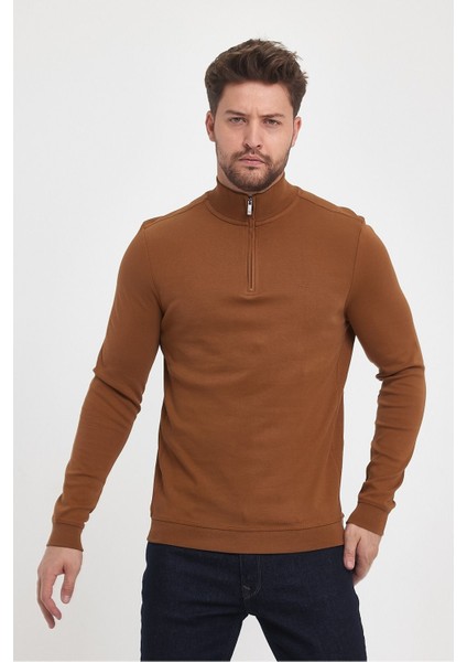 Erkek Kışlık Uzun Fermuarlı Dik Yaka Taş Sweatshirt