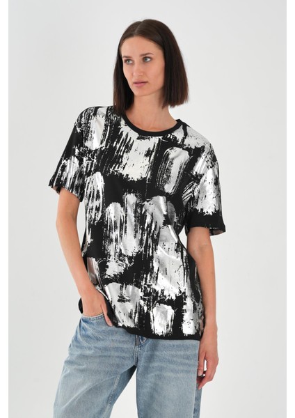 Alexandergardı Parlak Baskılı Bisiklet Yaka Kadın T-Shirt