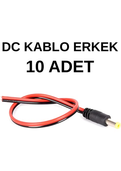 5.5x2.1 mm Erkek Dc Adaptör Kablosu 20 cm (10 Adet) - 12V Kamera LED Uyumlu Güç Kablosu