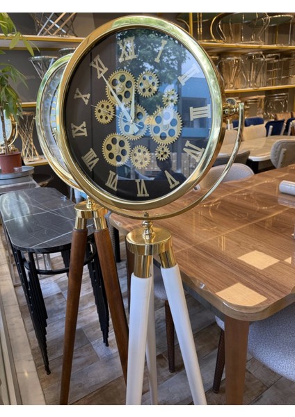 Tripod Ayaklı Dekoratif Saat Çarklı Gold-Beyaz