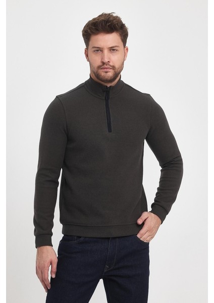 Erkek Uzun Kışlık Dik Yaka Fermuarlı Siyah Sweatshirt
