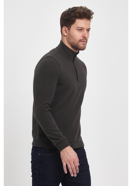 Erkek Uzun Kışlık Dik Yaka Fermuarlı Siyah Sweatshirt fırsatları