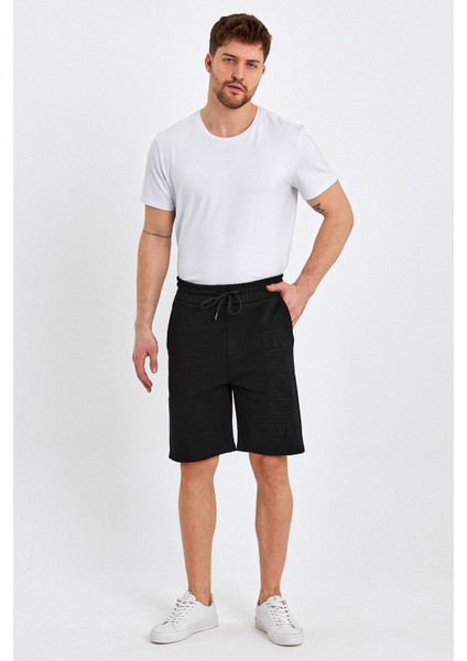 Erkek Lastikli Baskılı Cepli Klasik Kısa Siyah Şort