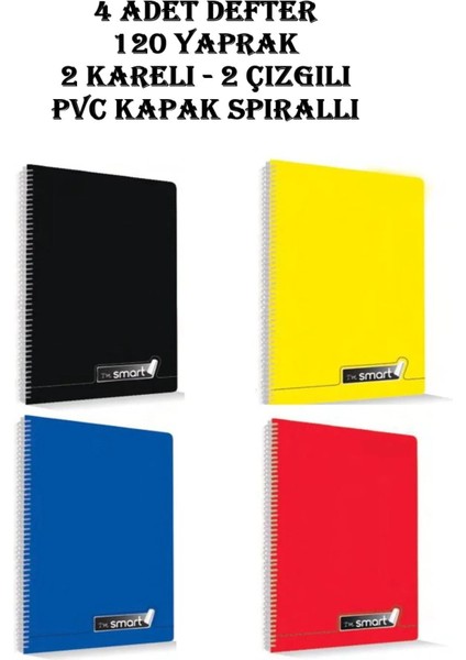 I'm Smart Defter A4 Okul Defteri 120 Yaprak 4 Adet 2 Kareli 2 Çizgili Spralli Pp Kapak Defter Seti