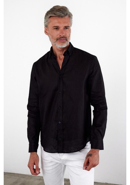 Erkek Klasik Uzun Kol Polo Yaka Keten Açık Mavi Gömlek