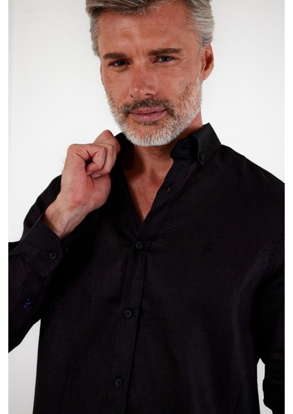 Erkek Klasik Uzun Kol Polo Yaka Keten Açık Mavi Gömlek fiyatları