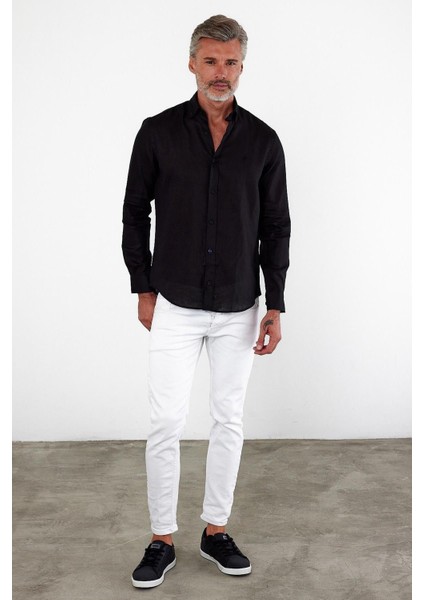 Erkek Klasik Uzun Kol Polo Yaka Keten Açık Mavi Gömlek modelleri